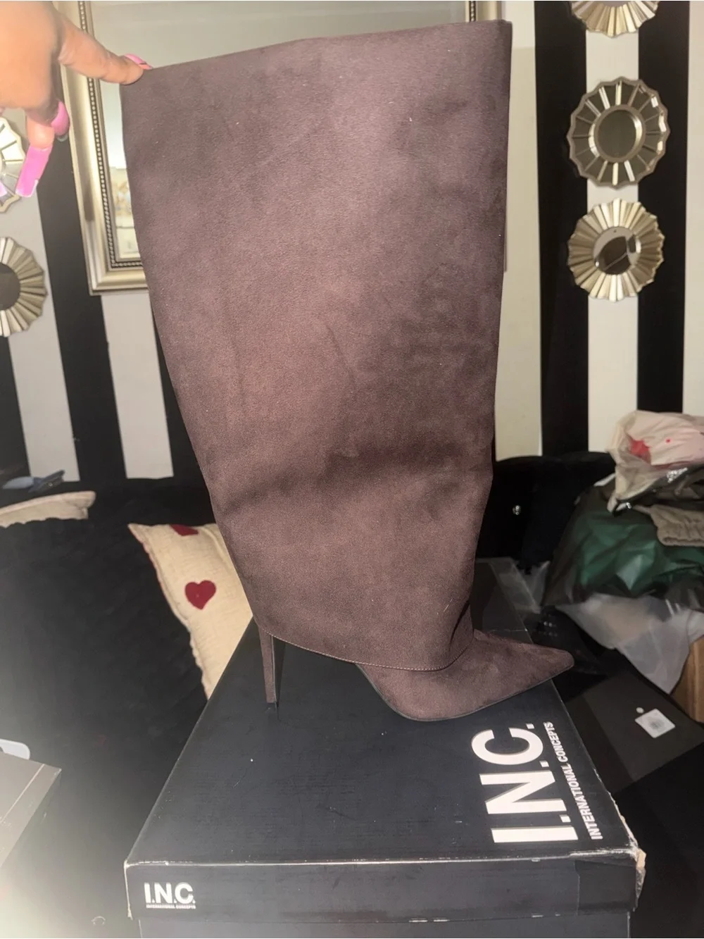 INC International Concepts Over-the-Knee Pointed Stiletto Boot in Rich Truffle
